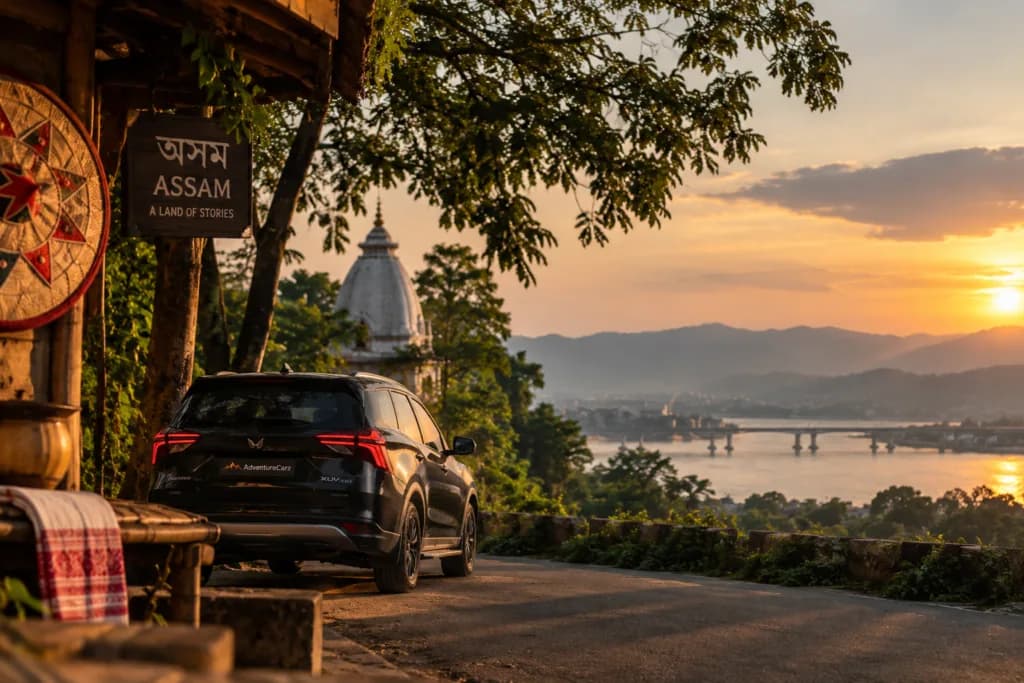 An SUV overlooking a river valley and mountains at sunset