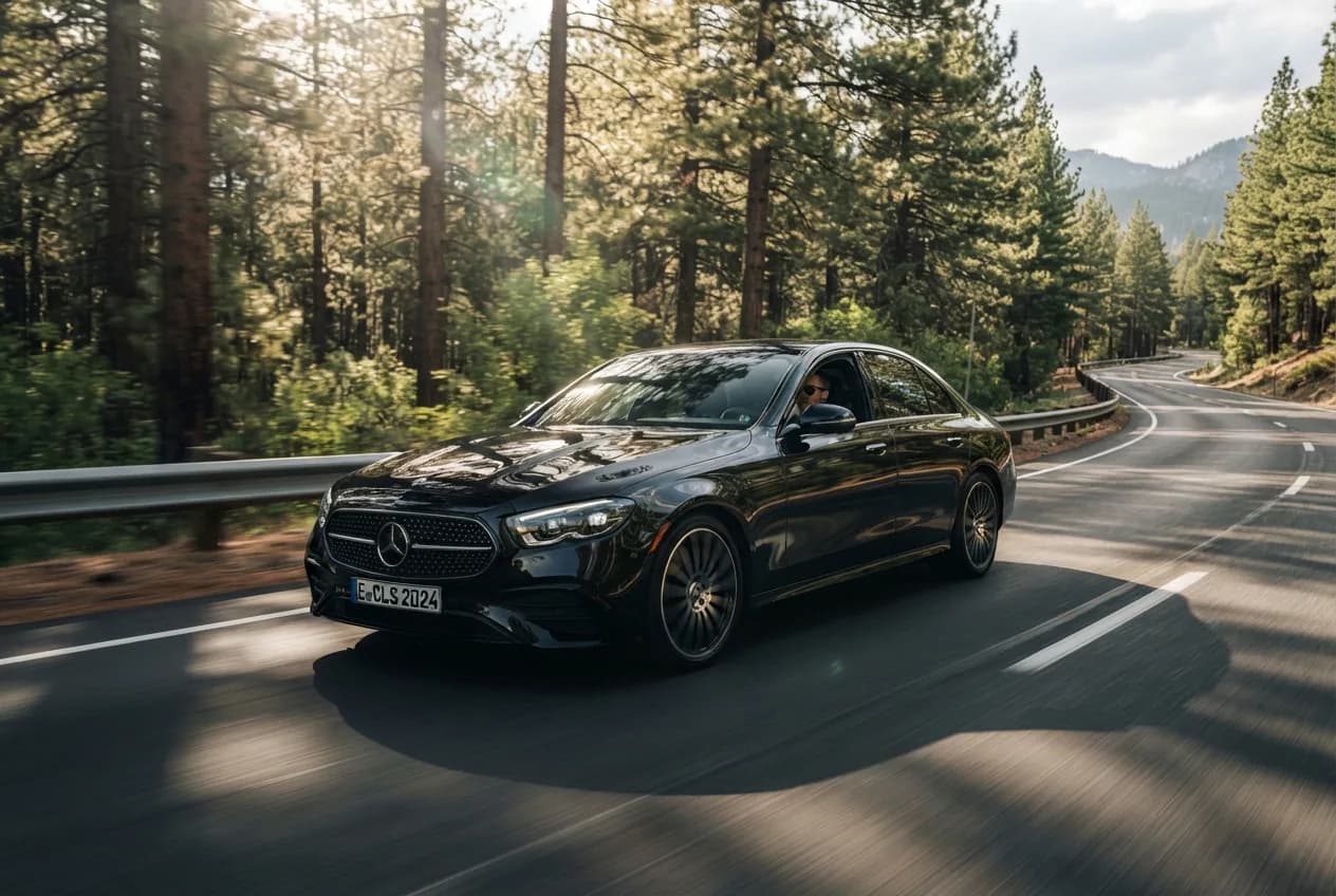 A black luxury sedan on a winding road through a pine forest