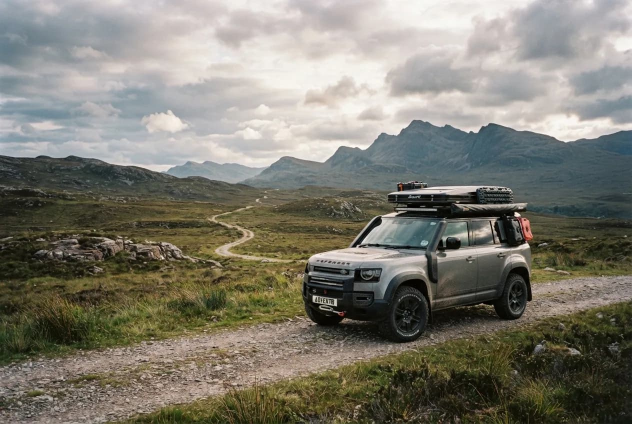 An expedition SUV parked beside a rugged mountain landscape